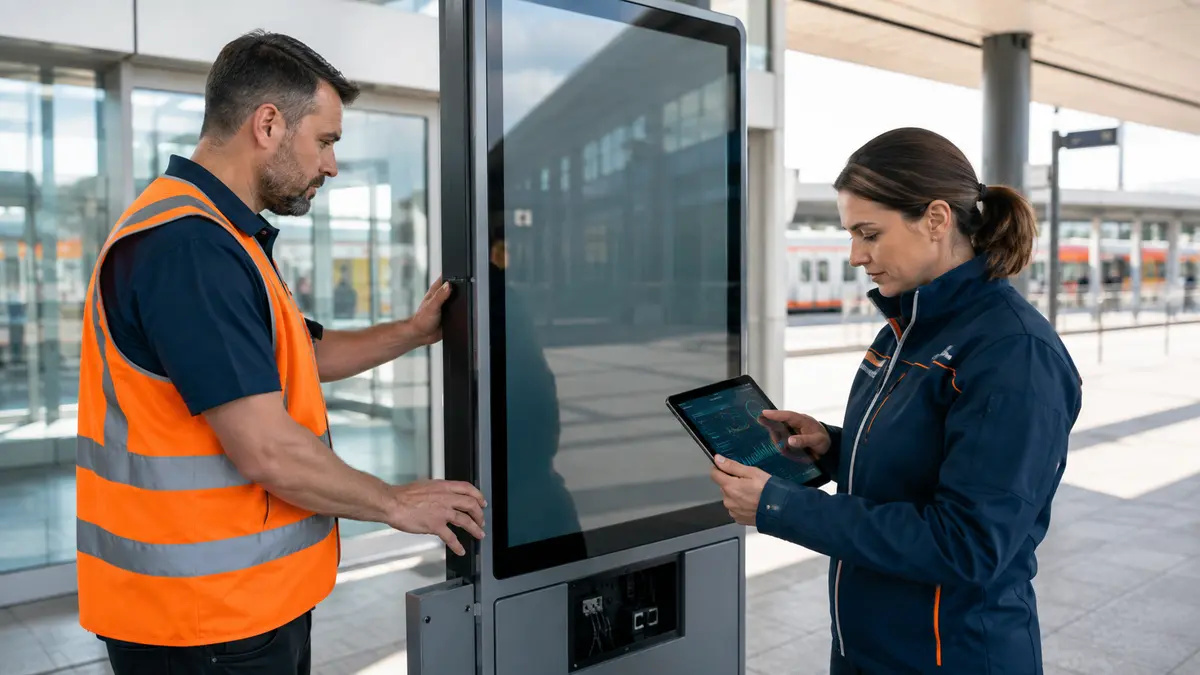 Technology specialists testing and commissioning a digital information kiosk