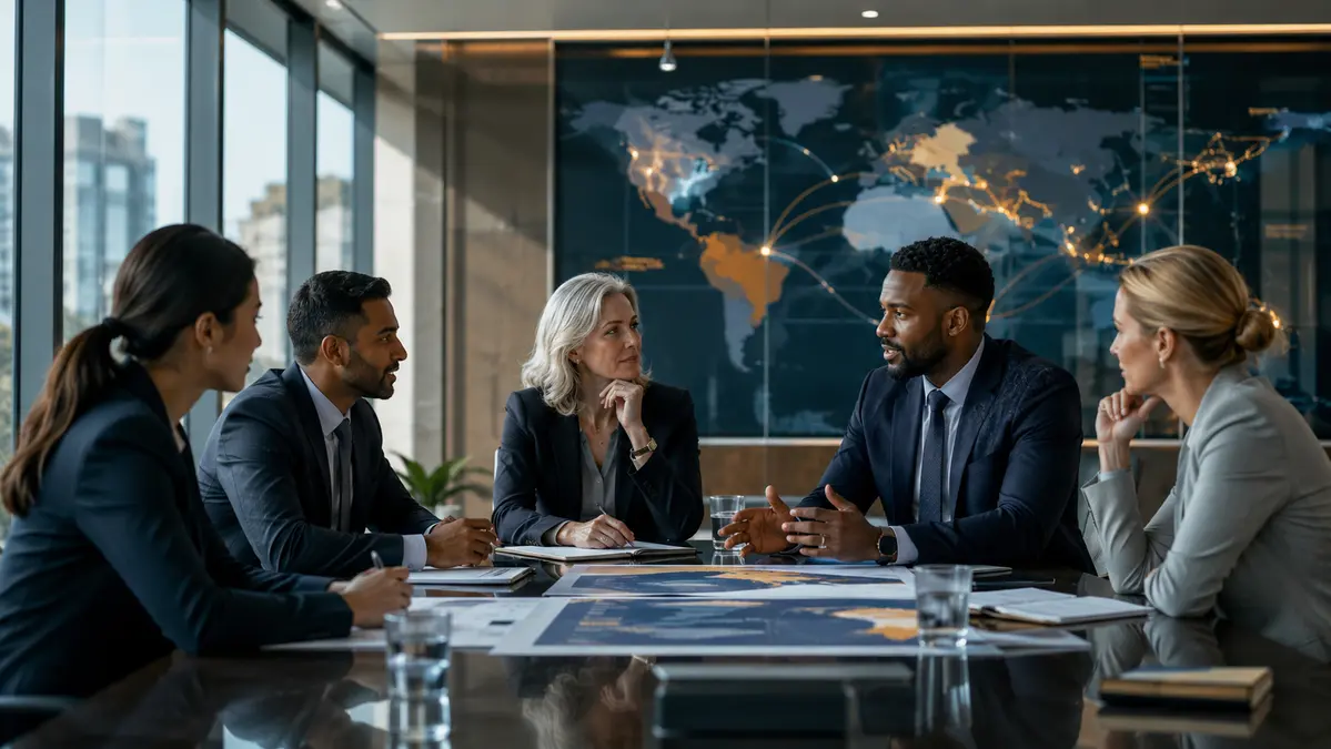 Global business team planning buyer development and market entry