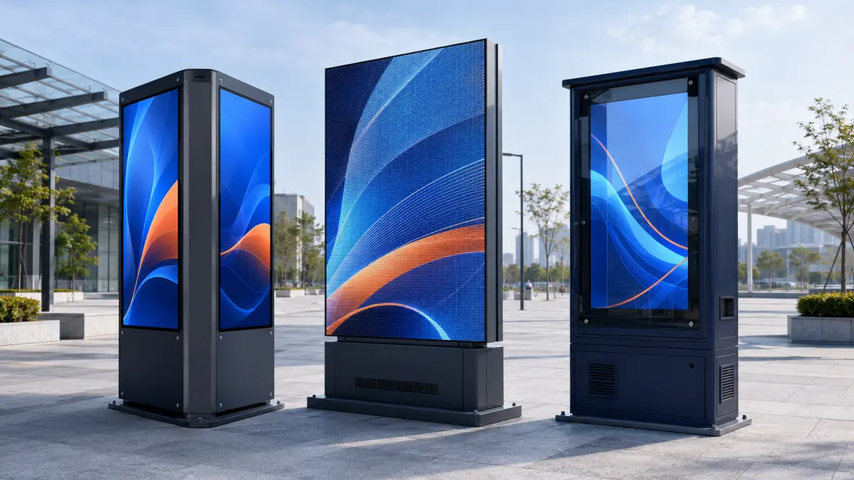 High-brightness LCD and LED kiosks in a modern public setting