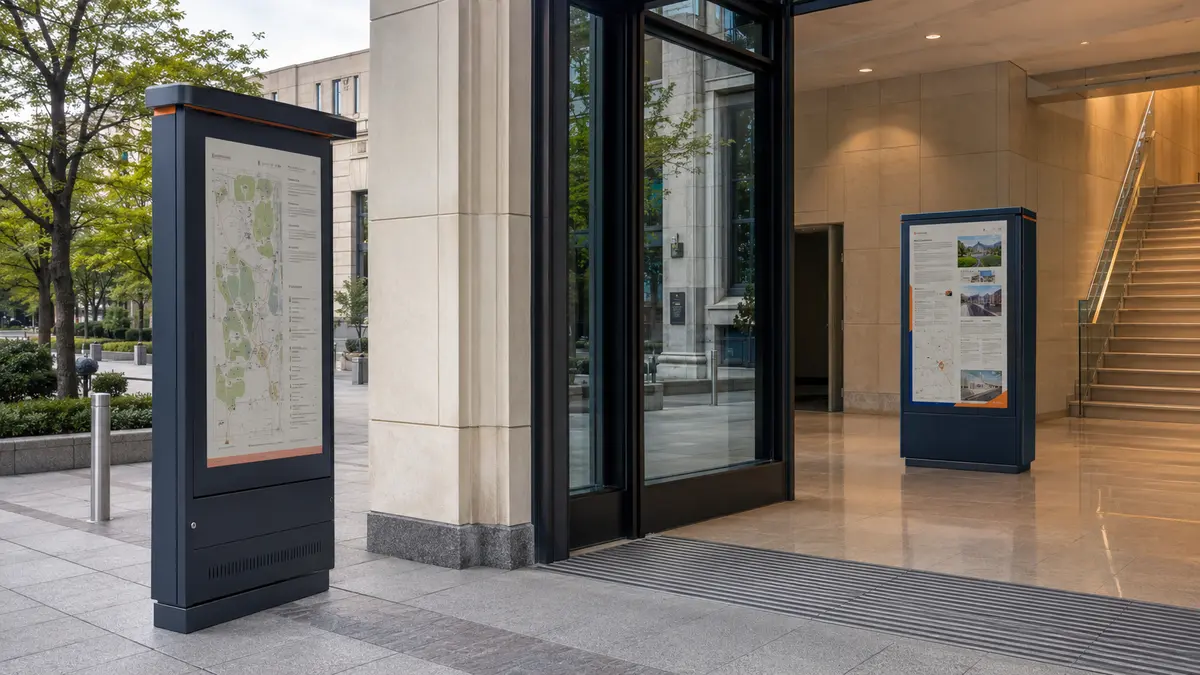 Coordinated indoor and outdoor colour ePaper information kiosks