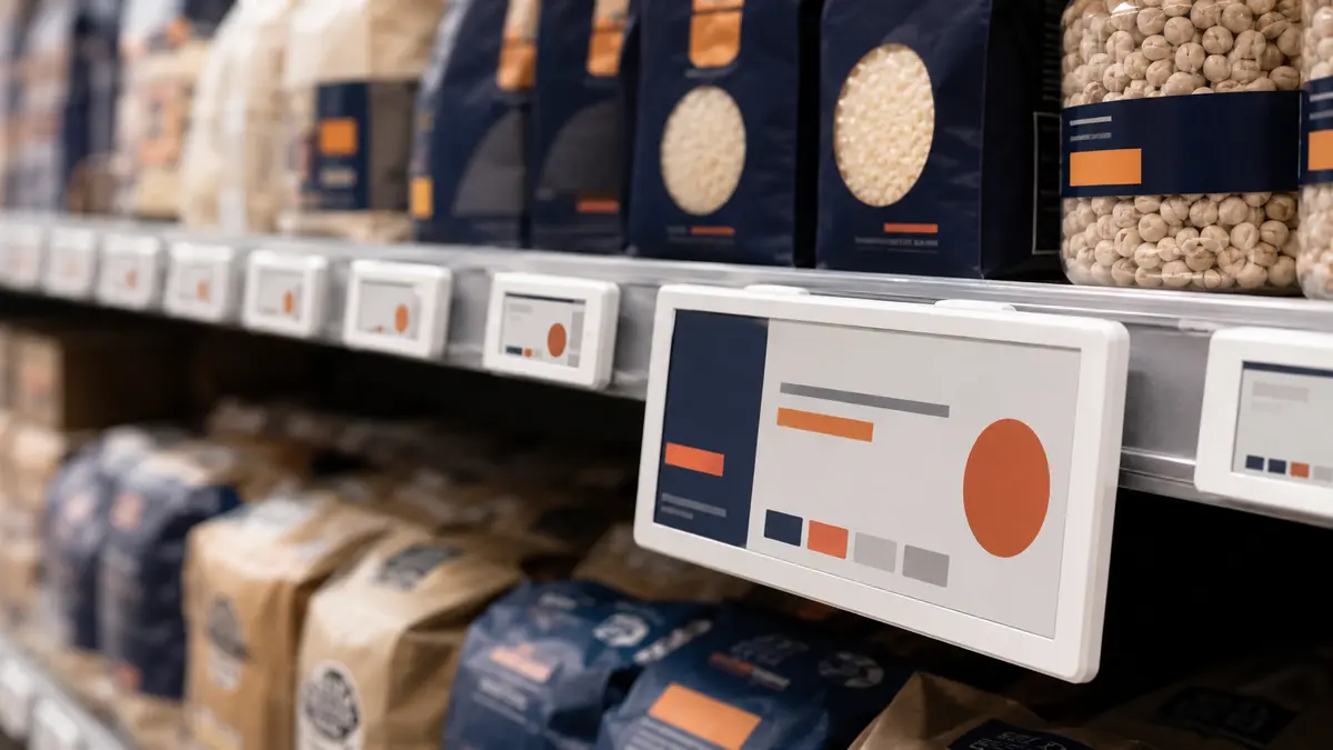 Electronic shelf labels and retail information displays installed in a supermarket
