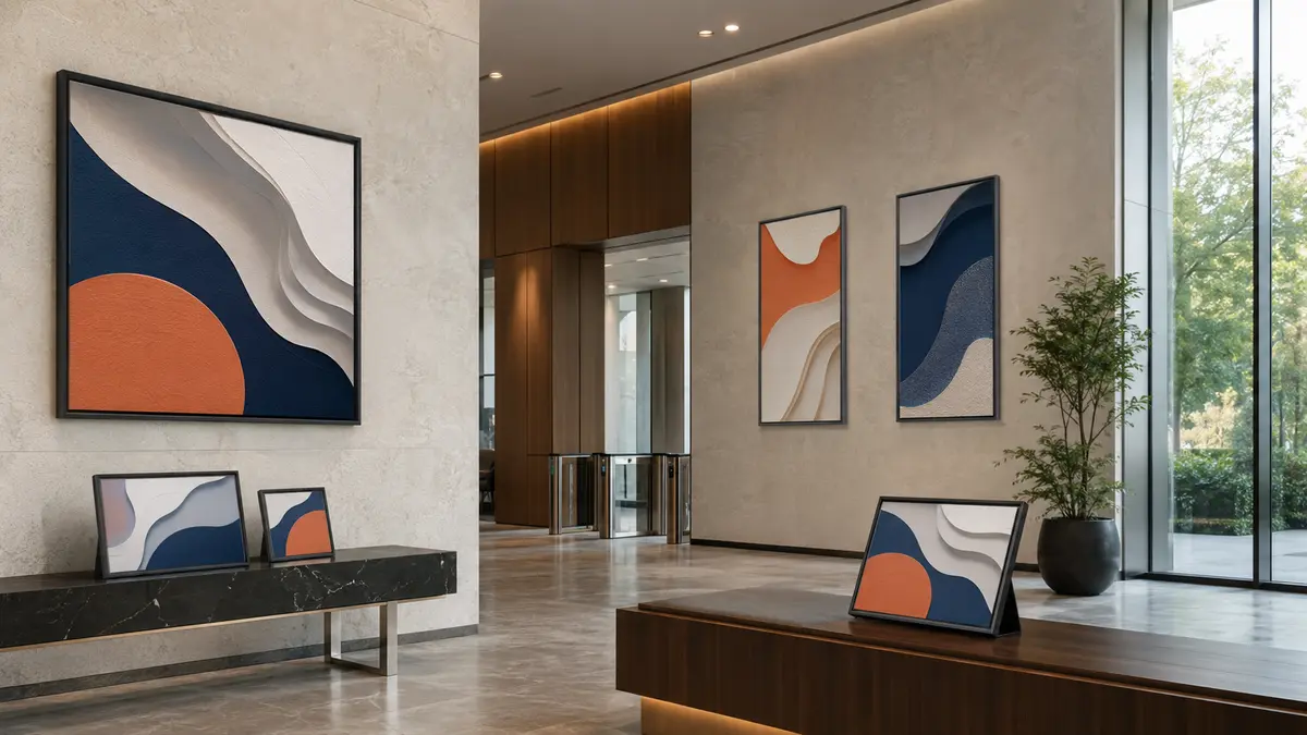 Connected colour ePaper signage and digital frames in a modern commercial interior