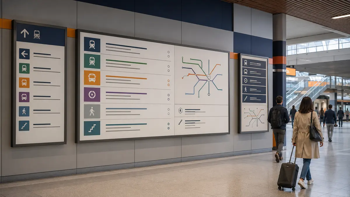 Colour ePaper public-information and wayfinding boards in a transport concourse