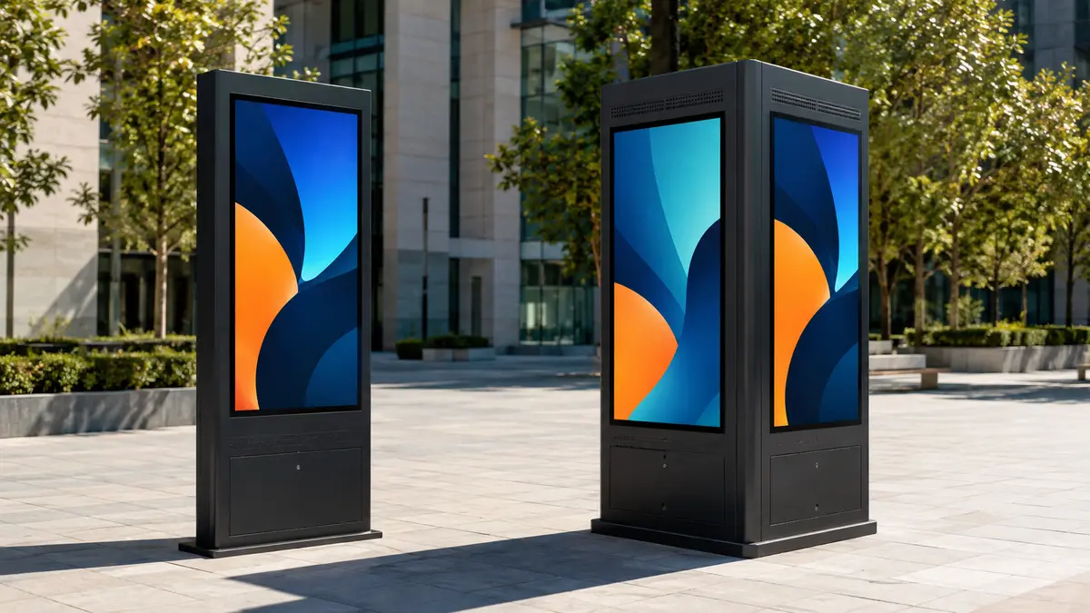 Single-sided and double-sided high-brightness LCD kiosks installed in a public plaza