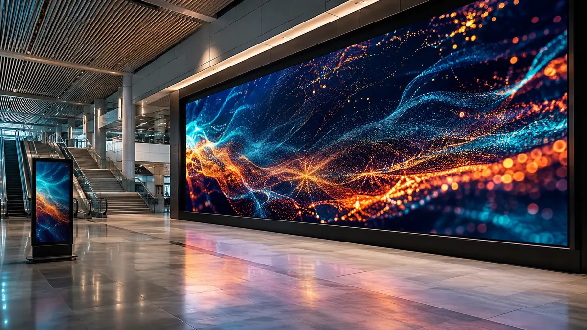 Large-format LED display wall and information totem in a public concourse