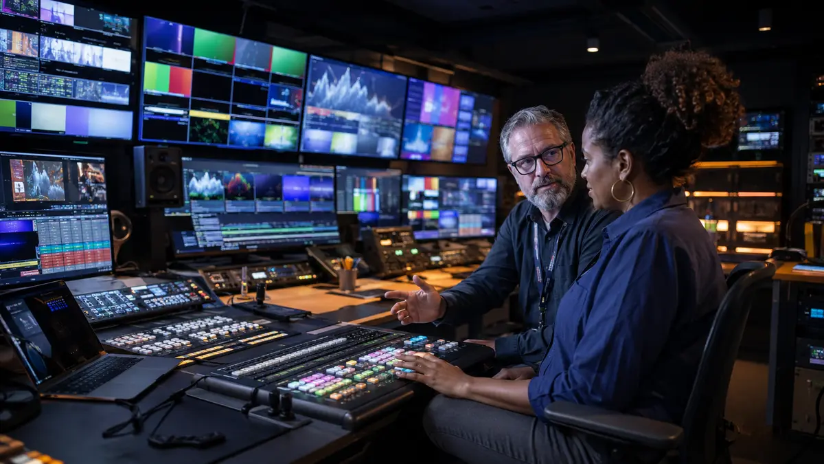 Content owner and broadcast engineer coordinating media distribution in a control room