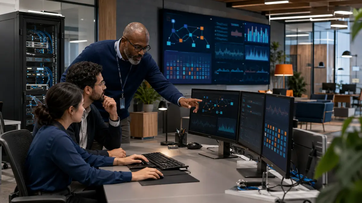 Corporate technology team managing workplace displays and connected systems