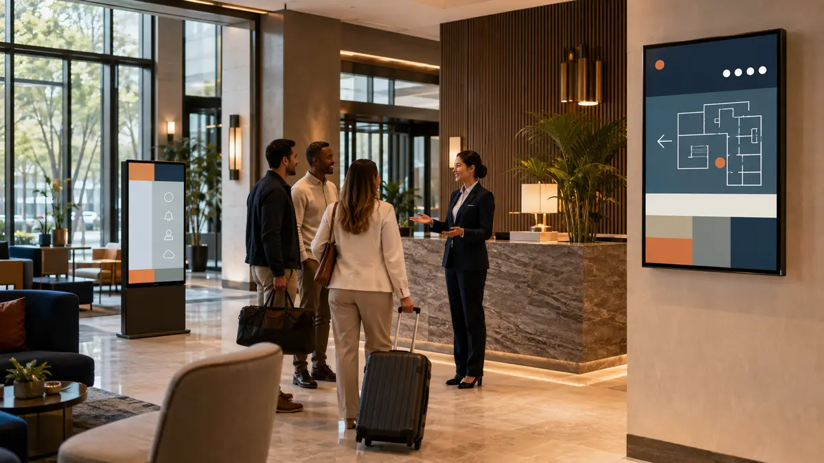 Digital wayfinding and guest-information displays in a hotel lobby