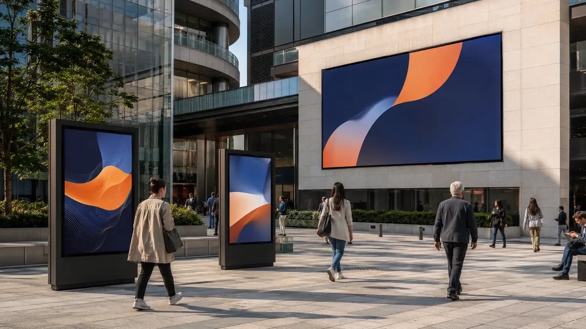High-brightness LCD and LED advertising displays in a public plaza
