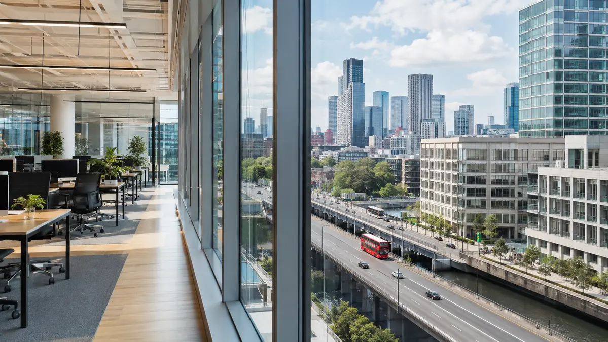 Contemporary London-area business district and connected workspace