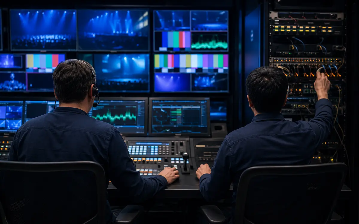 Technical team coordinating testing and launch in a control room
